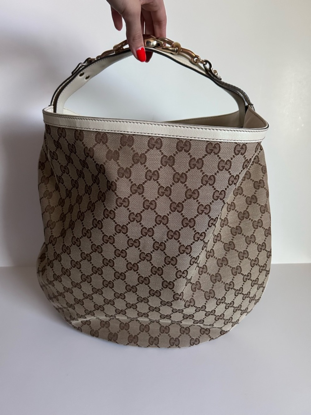 Gucci Beige GG Canvas Hobo Bag with White Trim and Gold Chain Handle